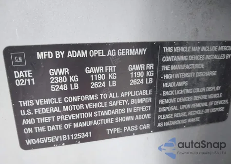 2011 Buick Regal Cxl Turbo Russelsheim из США, поврежденный, VIN W04GV5EV1B1125341